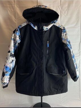 Swiss Tech Boys Hooded Winter Coat Black Blue Print Jacket Size L 10-12